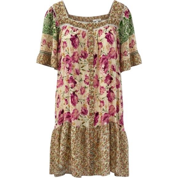 Umgee Dresses & Skirts - Umgee Pink Floral Patchwork Cottagecore Flutter Sleeve Short Dress Plus Sz 2XL